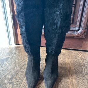 Women's Saks Fifth Ave chocolate brown real fur/Suede Pointed-Toe Mid-Calf Boots